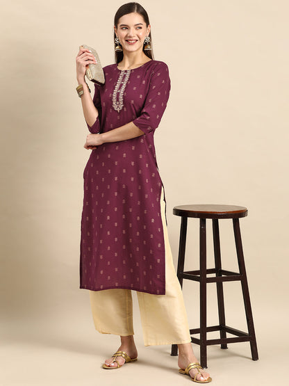 Women's Burgundy Embroidered Yoke Desgin Straight Kurta