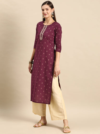 Women's Burgundy Embroidered Yoke Desgin Straight Kurta