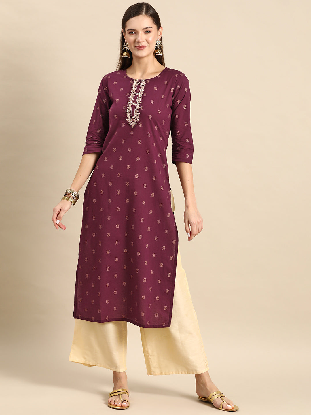 Women's Burgundy Embroidered Yoke Desgin Straight Kurta