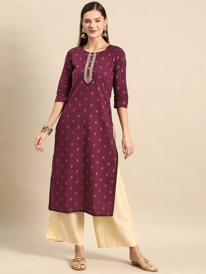 Women's Burgundy Embroidered Yoke Desgin Straight Kurta