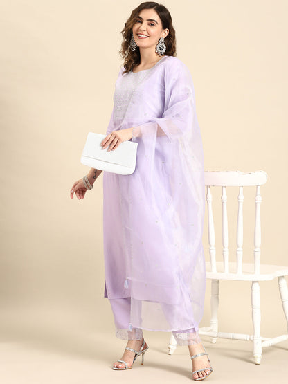 Women's Lavender Embroidered Straight Kurta With Palazzo & Dupatta