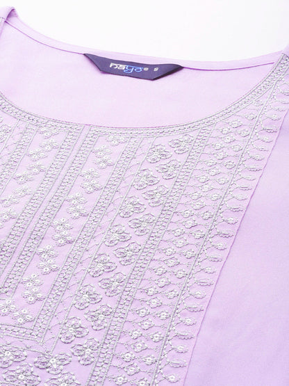 Women's Lavender Embroidered Straight Kurta With Palazzo & Dupatta