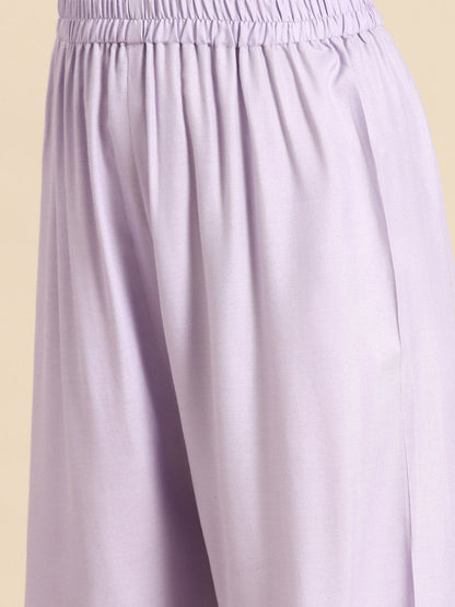 Women's Lavender Embroidered Straight Kurta With Palazzo & Dupatta
