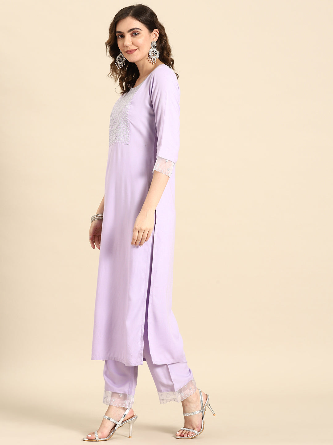 Women's Lavender Embroidered Straight Kurta With Palazzo & Dupatta