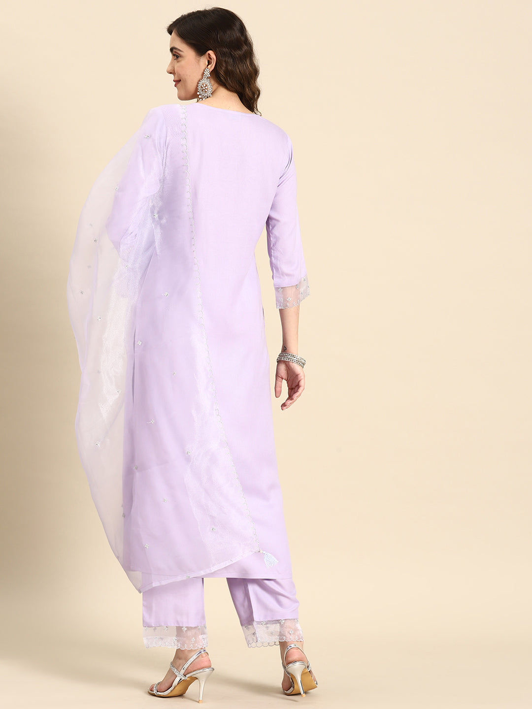 Women's Lavender Embroidered Straight Kurta With Palazzo & Dupatta