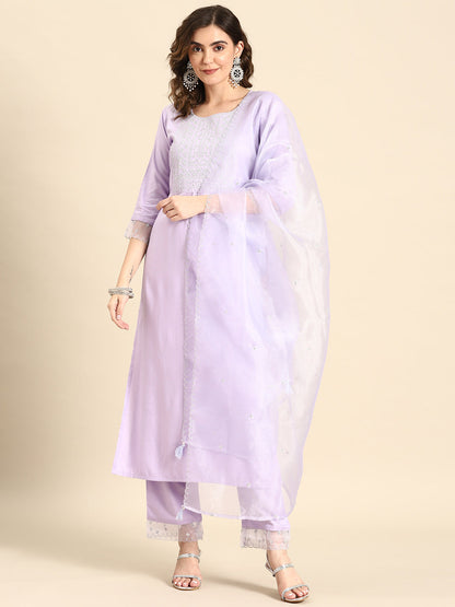 Women's Lavender Embroidered Straight Kurta With Palazzo & Dupatta