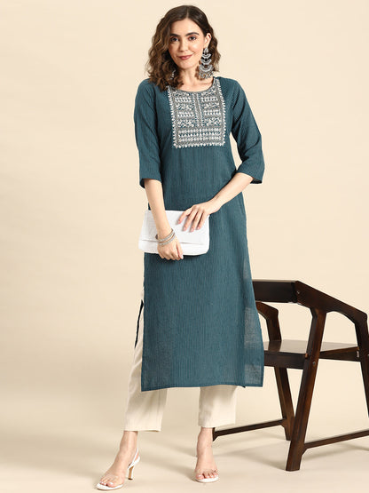 Women's Teal Blue Embroidered Yoke Desgin Straight Kurta