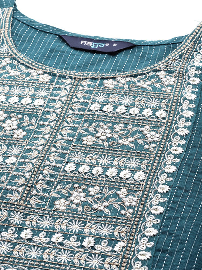 Women's Teal Blue Embroidered Yoke Desgin Straight Kurta