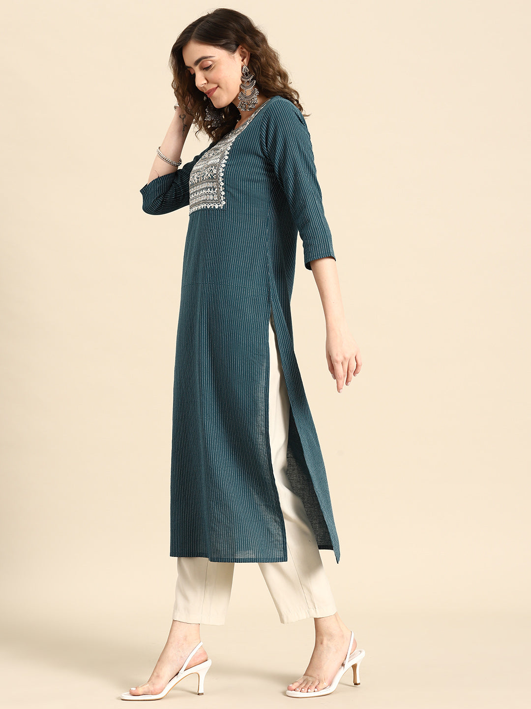 Women's Teal Blue Embroidered Yoke Desgin Straight Kurta