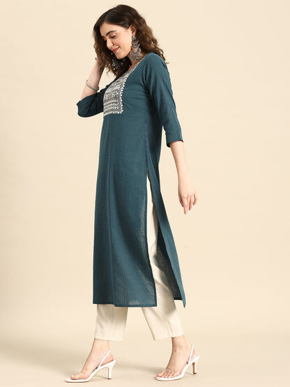 Women's Teal Blue Embroidered Yoke Desgin Straight Kurta