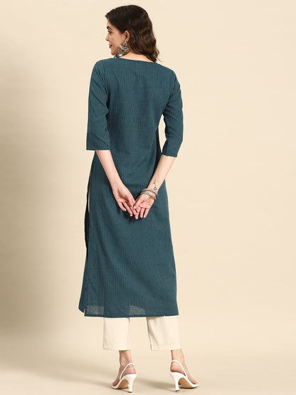 Women's Teal Blue Embroidered Yoke Desgin Straight Kurta