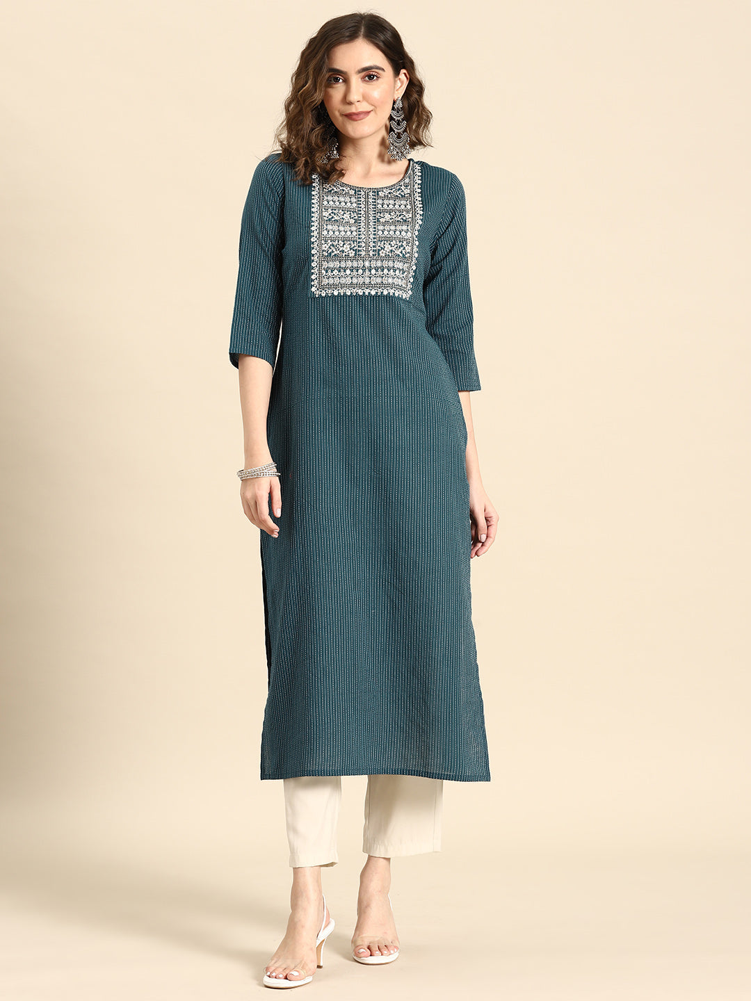Women's Teal Blue Embroidered Yoke Desgin Straight Kurta