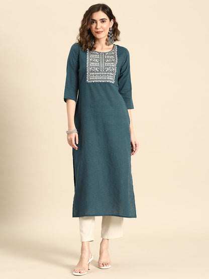 Women's Teal Blue Embroidered Yoke Desgin Straight Kurta