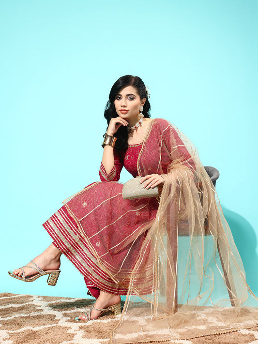 Women's Maroon Floral Printed Regular Gotta Patti Cotton Kurta with Trousers & With Dupatta