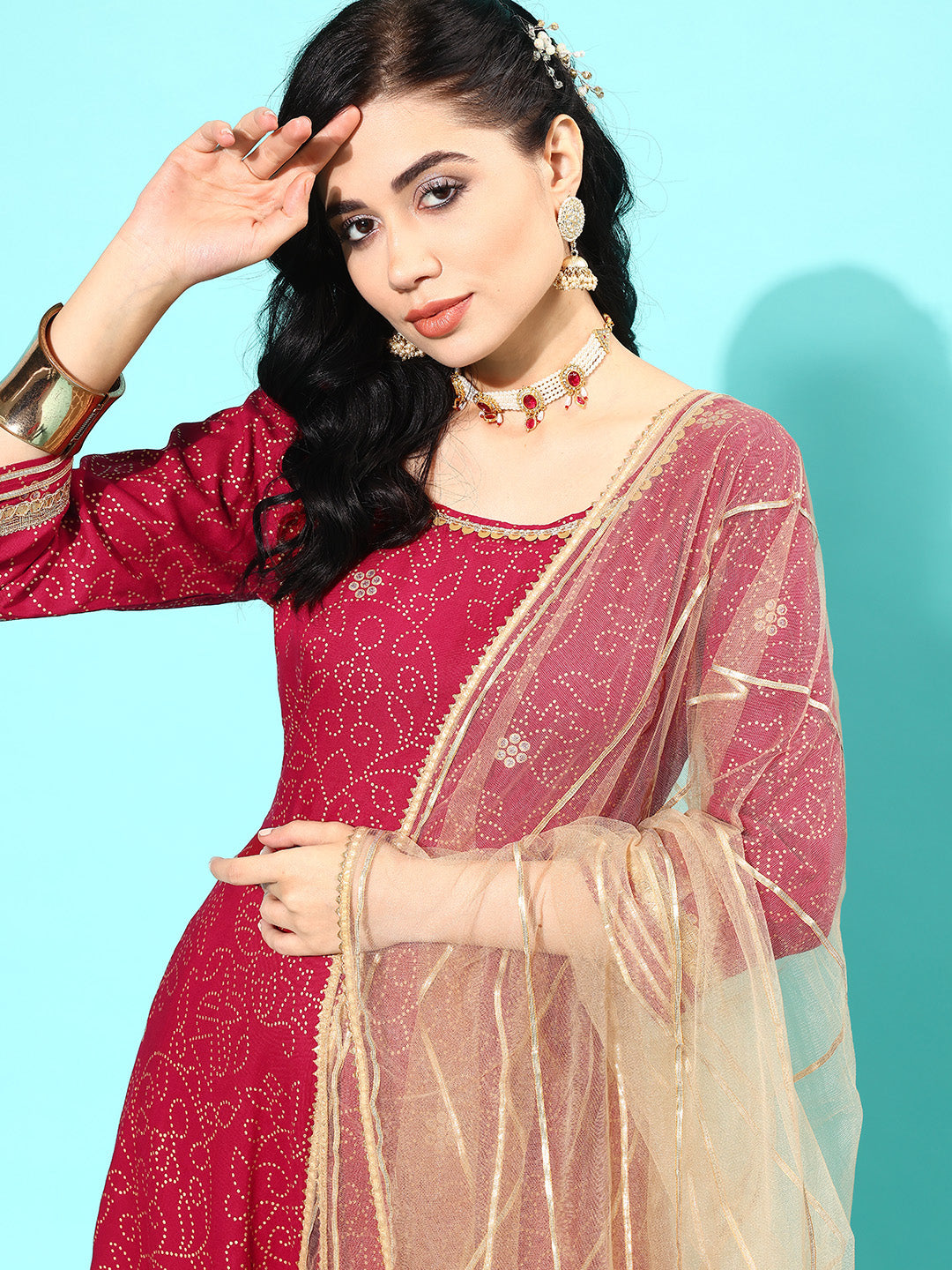 Women's Maroon Floral Printed Regular Gotta Patti Cotton Kurta with Trousers & With Dupatta