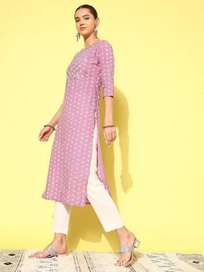 Women's Purple Ethnic Printed Straight Kurta With Three Quarter Sleeves