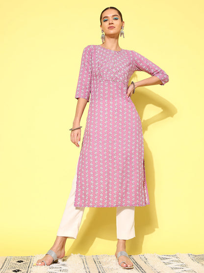 Women's Purple Ethnic Printed Straight Kurta With Three Quarter Sleeves