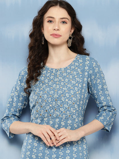Women's Blue Embroidered Yoke Desgin Straight Kurta
