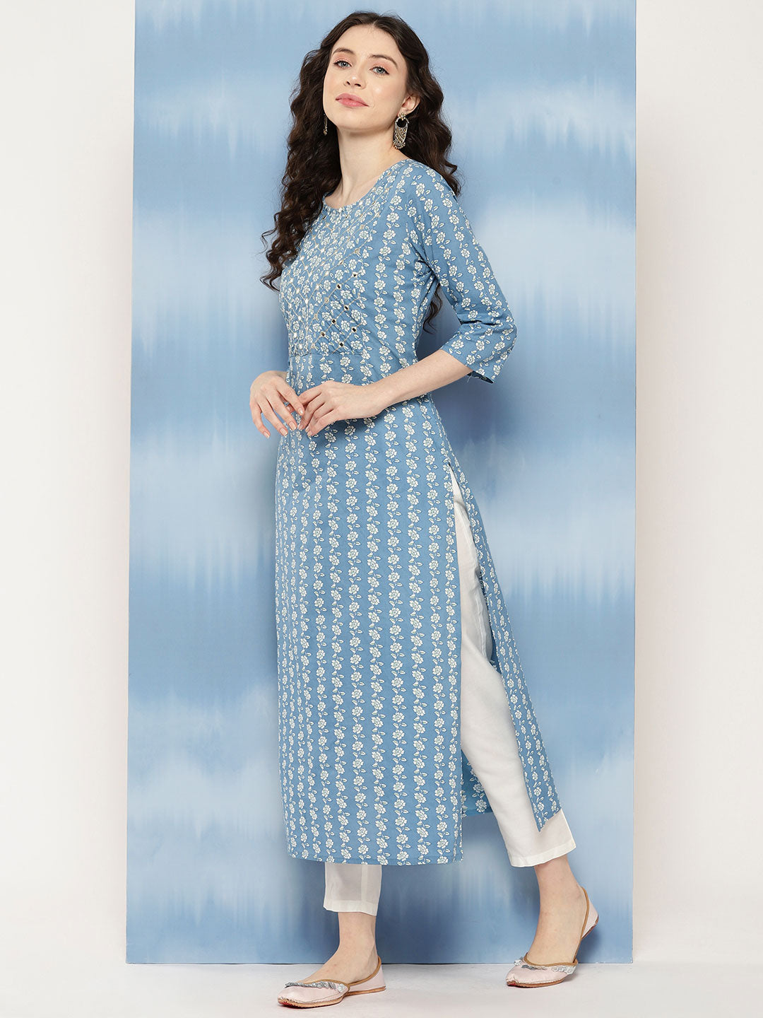Women's Blue Embroidered Yoke Desgin Straight Kurta