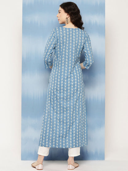 Women's Blue Embroidered Yoke Desgin Straight Kurta