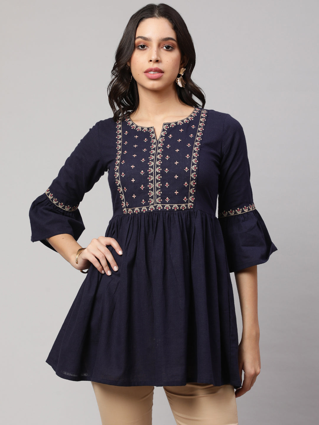 Women's Navy Blue Embroidered Peplum Tunic