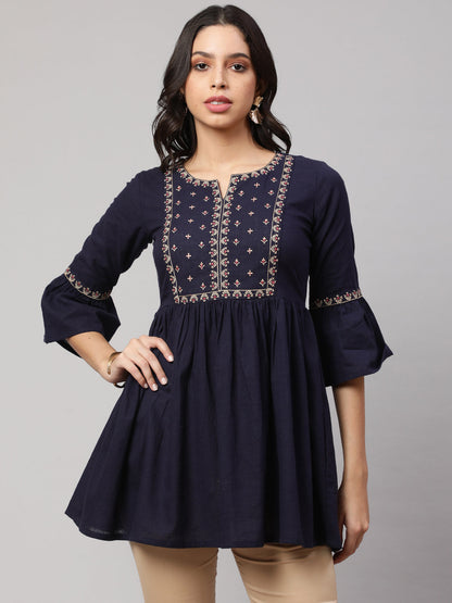 Women's Navy Blue Embroidered Peplum Tunic