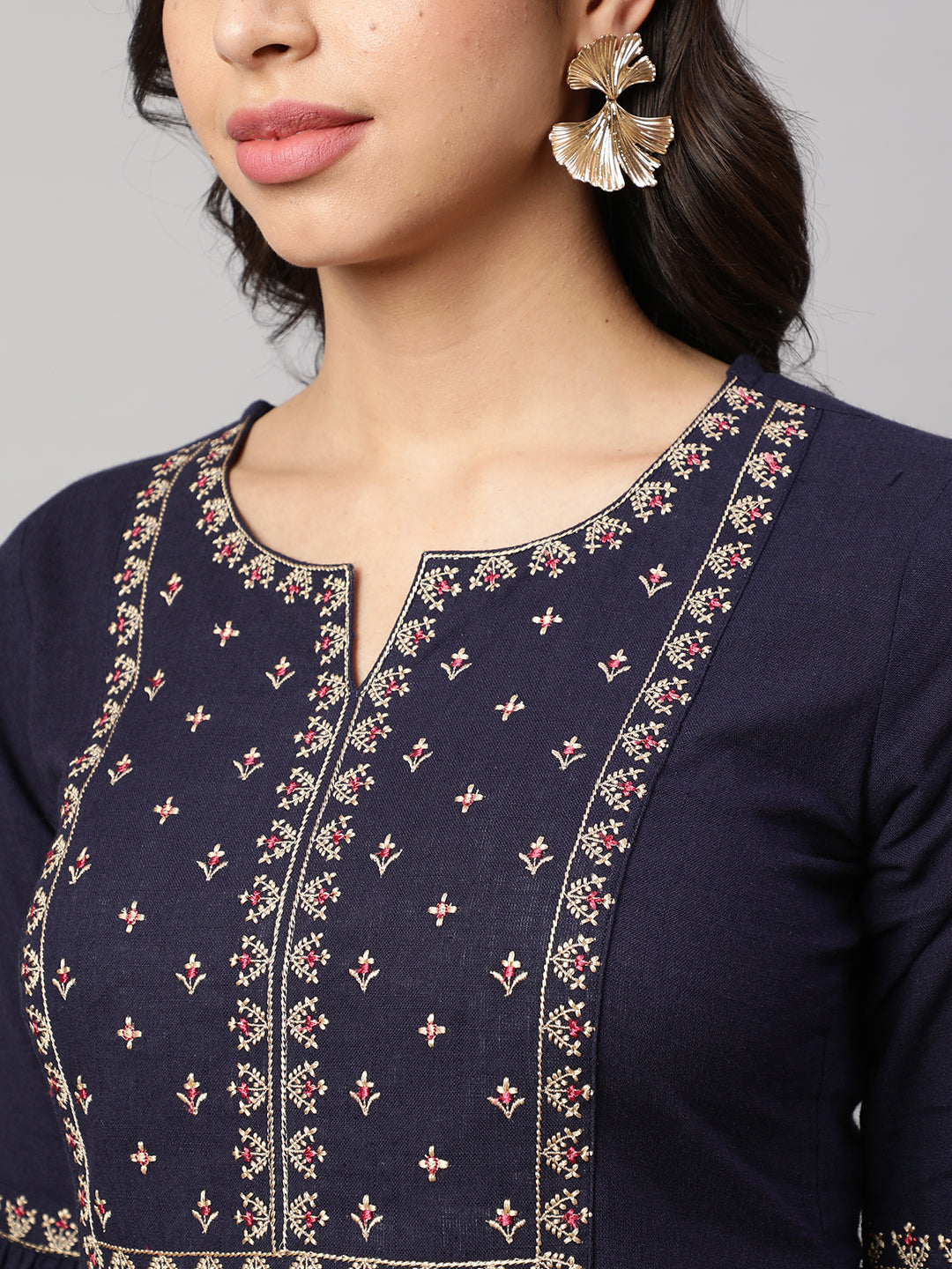 Women's Navy Blue Embroidered Peplum Tunic