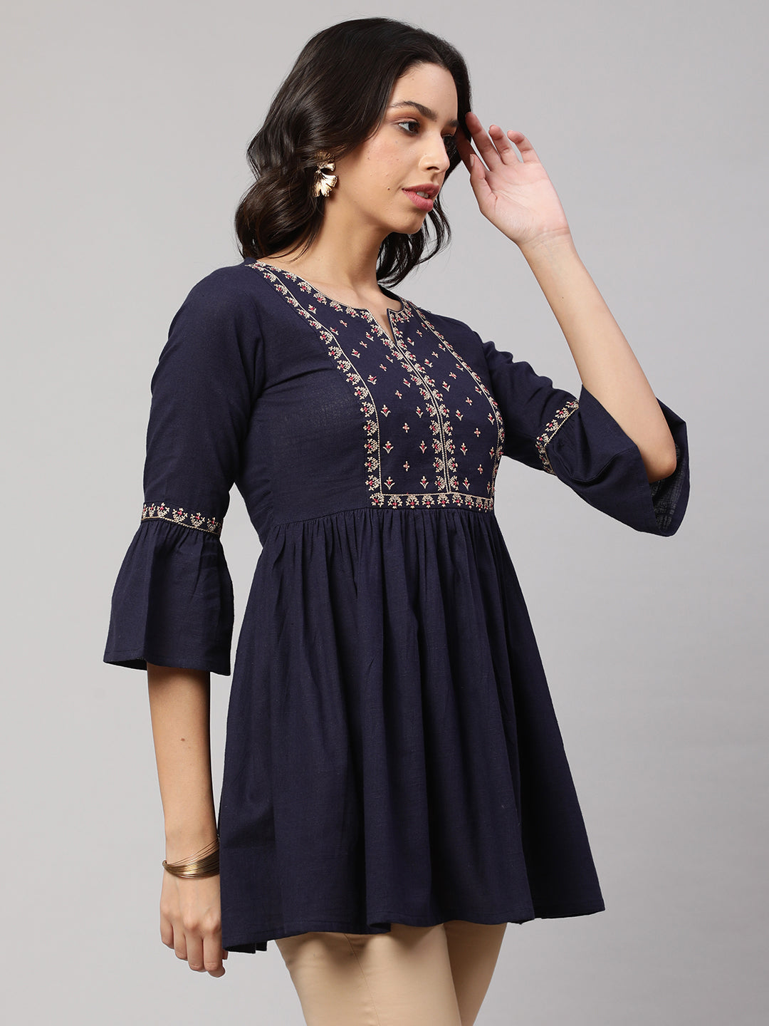 Women's Navy Blue Embroidered Peplum Tunic