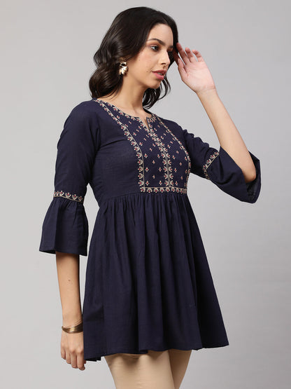 Women's Navy Blue Embroidered Peplum Tunic
