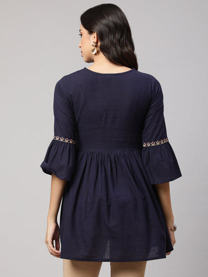 Women's Navy Blue Embroidered Peplum Tunic