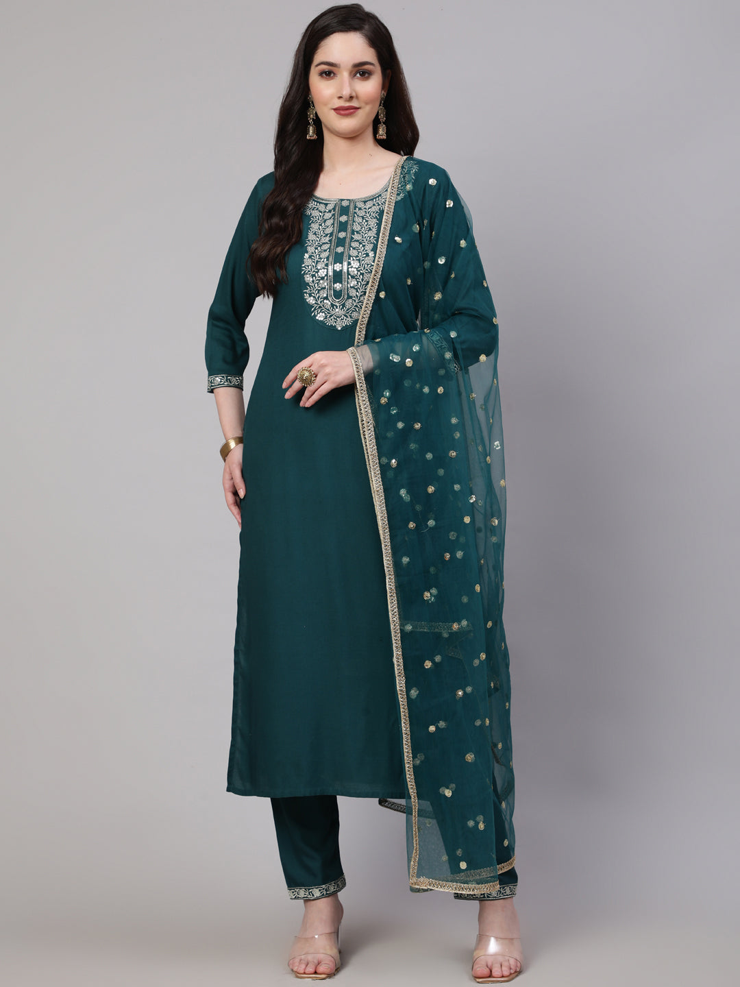 Women's Green Embroidered Straight Kurta With Trouser And Net Dupatta