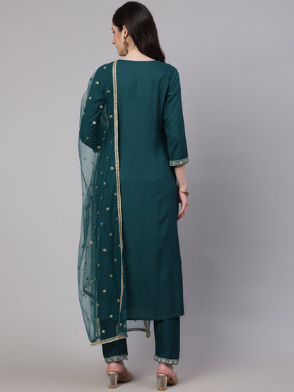 Women's Green Embroidered Straight Kurta With Trouser And Net Dupatta
