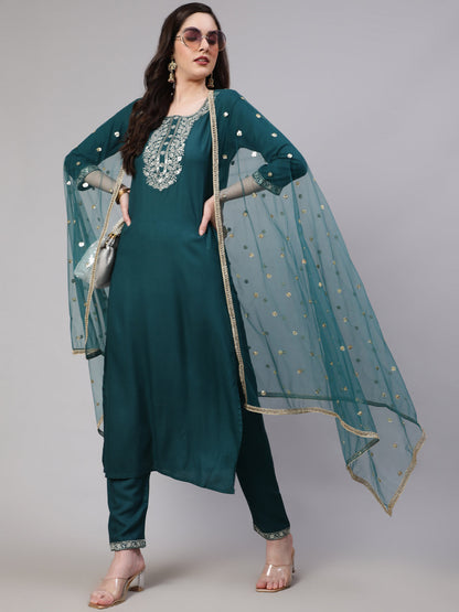 Women's Green Embroidered Straight Kurta With Trouser And Net Dupatta