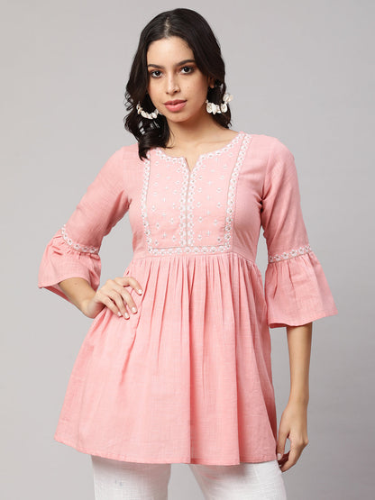 Women's Pink Embroidered Peplum Tunic