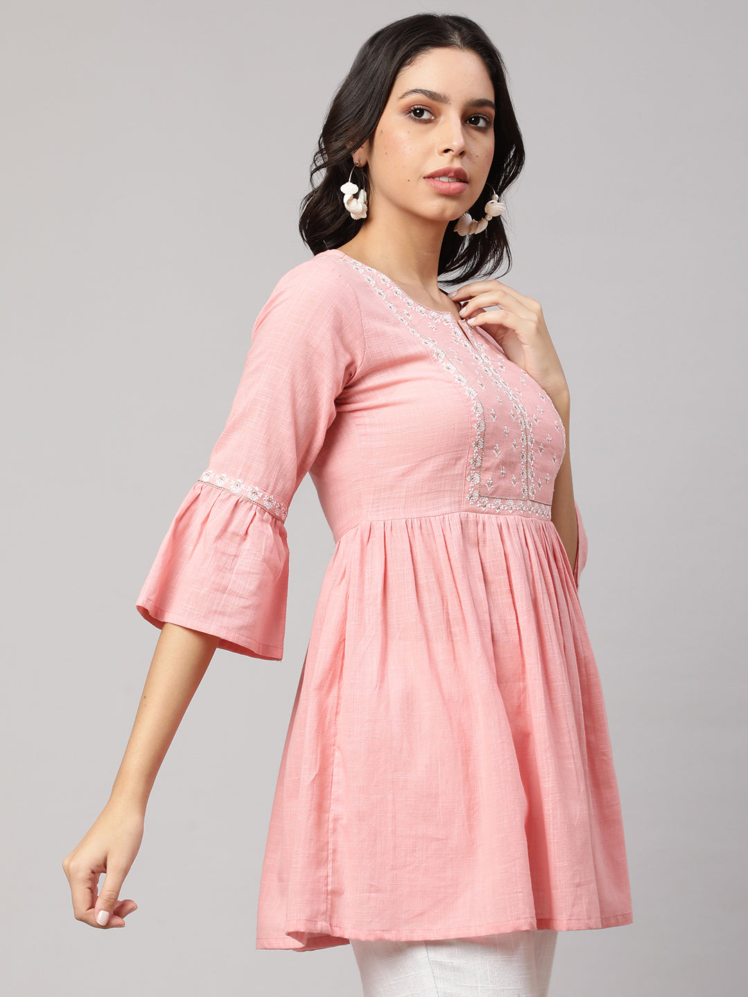 Women's Pink Embroidered Peplum Tunic