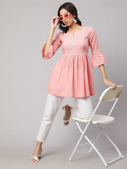 Women's Pink Embroidered Peplum Tunic
