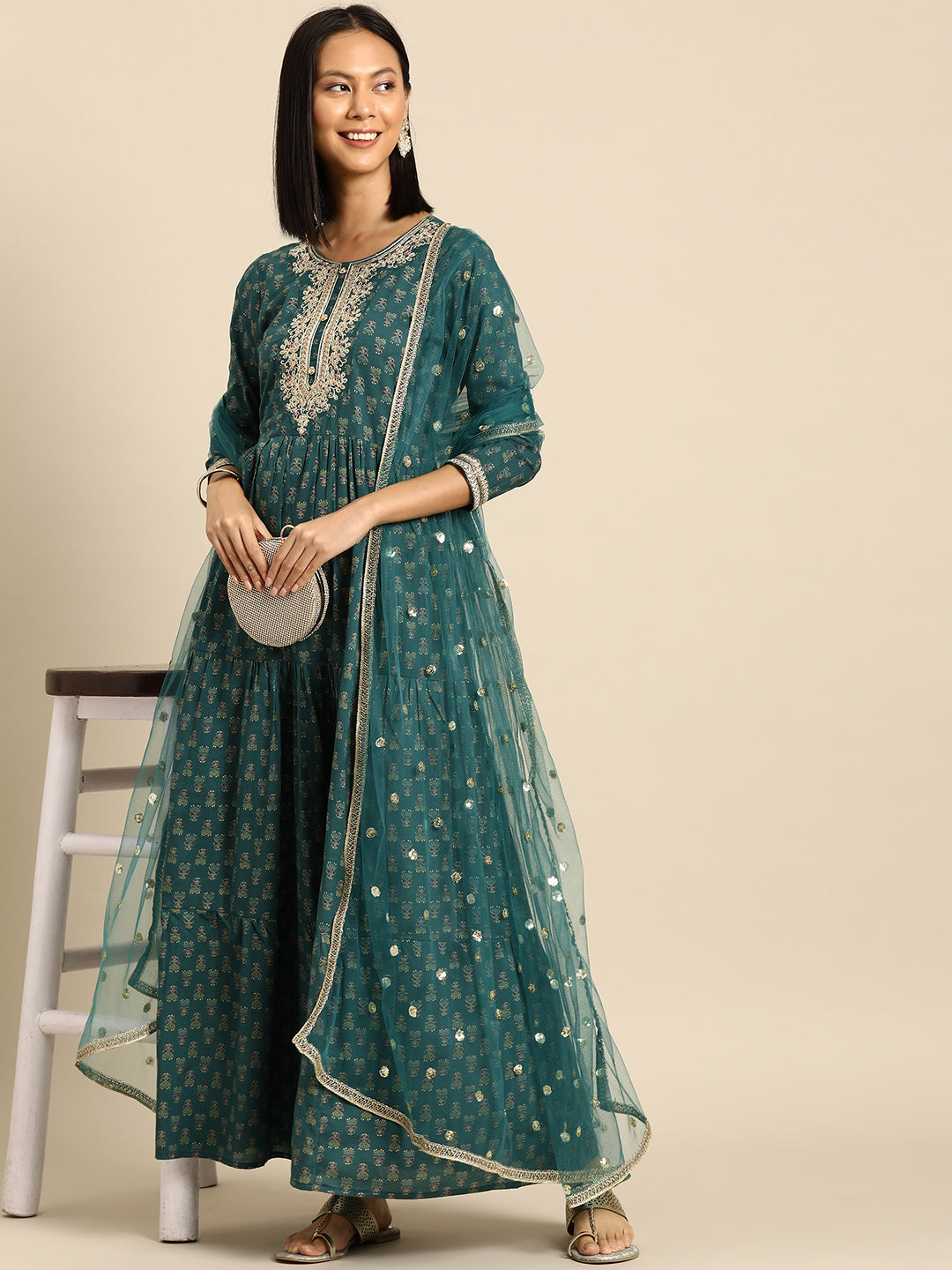 Women's Wome Green Embroidered Flared Dress With Net Dupatta