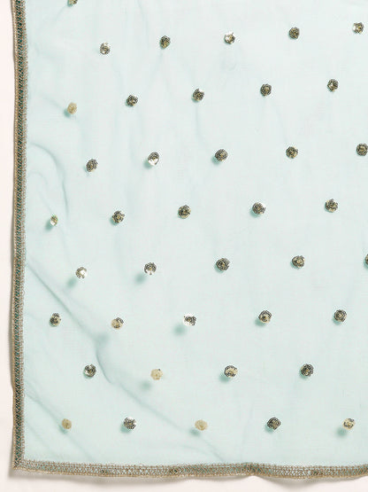 Women's Wome Green Embroidered Flared Dress With Net Dupatta