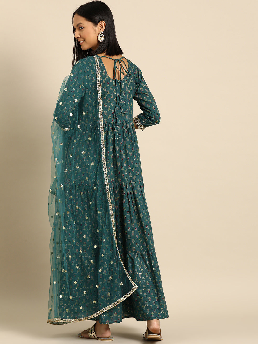 Women's Wome Green Embroidered Flared Dress With Net Dupatta