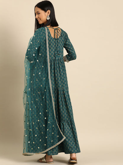 Women's Wome Green Embroidered Flared Dress With Net Dupatta