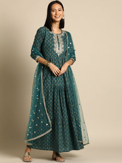 Women's Wome Green Embroidered Flared Dress With Net Dupatta