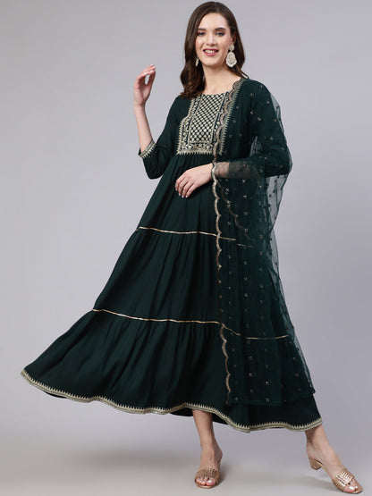 Women's Wome Green Embroidered Flared Dress With Net Dupatta