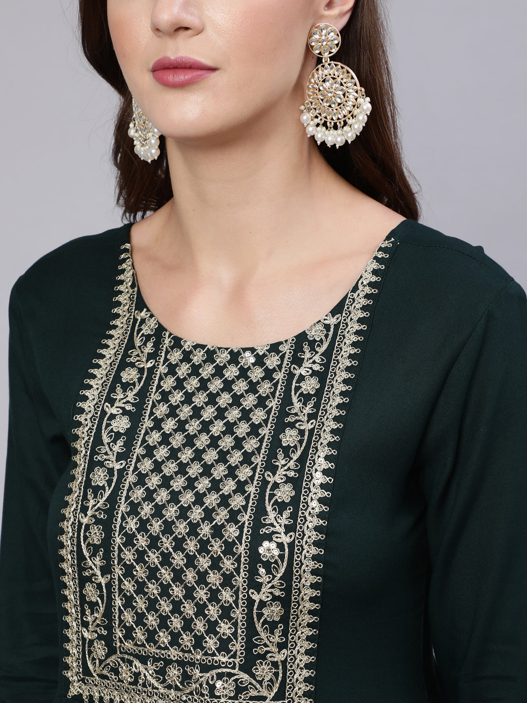 Women's Wome Green Embroidered Flared Dress With Net Dupatta