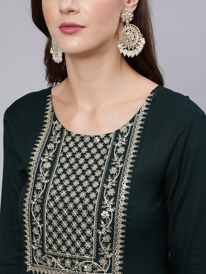 Women's Wome Green Embroidered Flared Dress With Net Dupatta