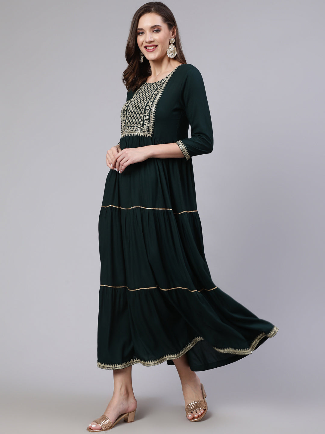 Women's Wome Green Embroidered Flared Dress With Net Dupatta