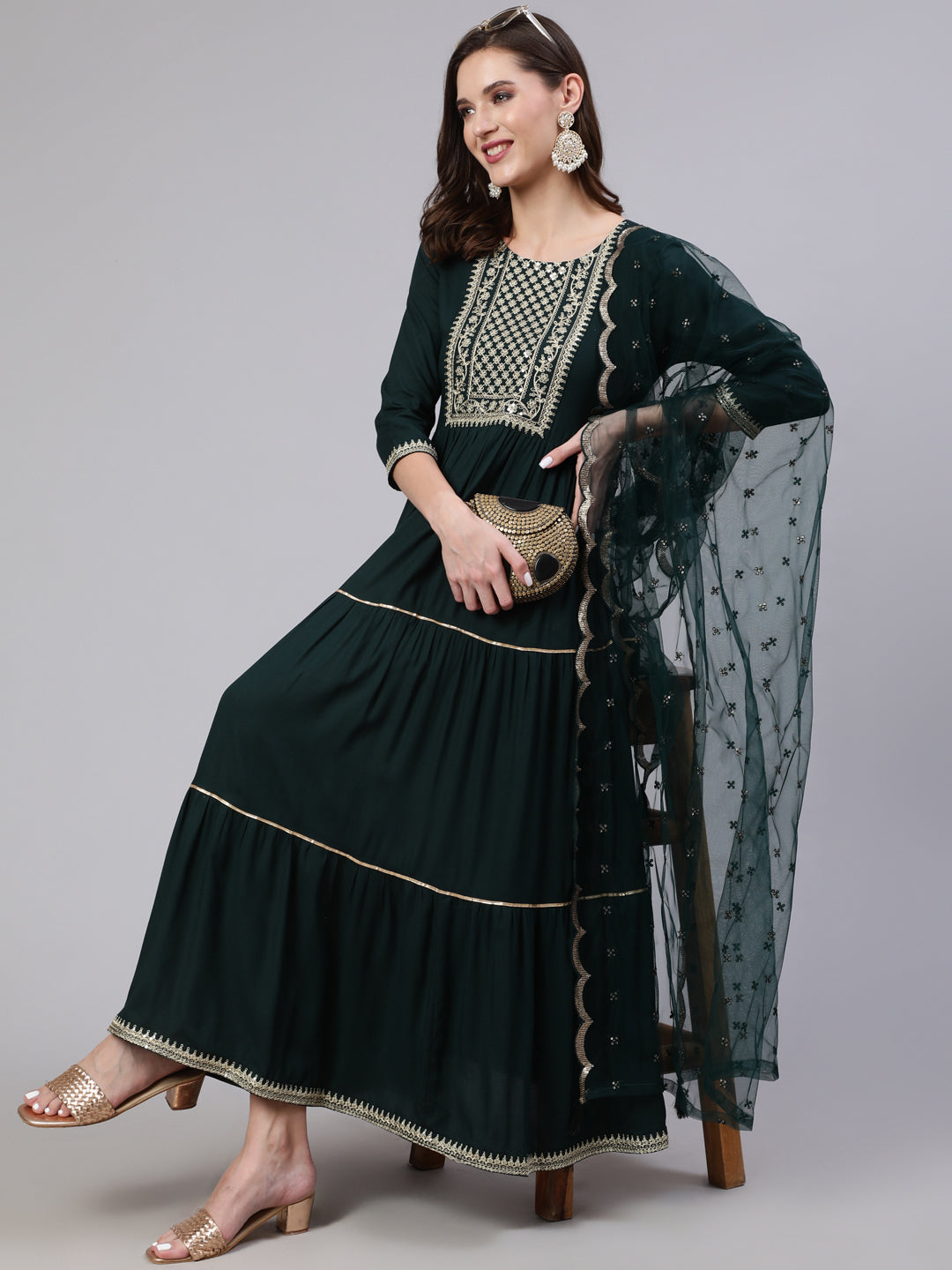 Women's Wome Green Embroidered Flared Dress With Net Dupatta
