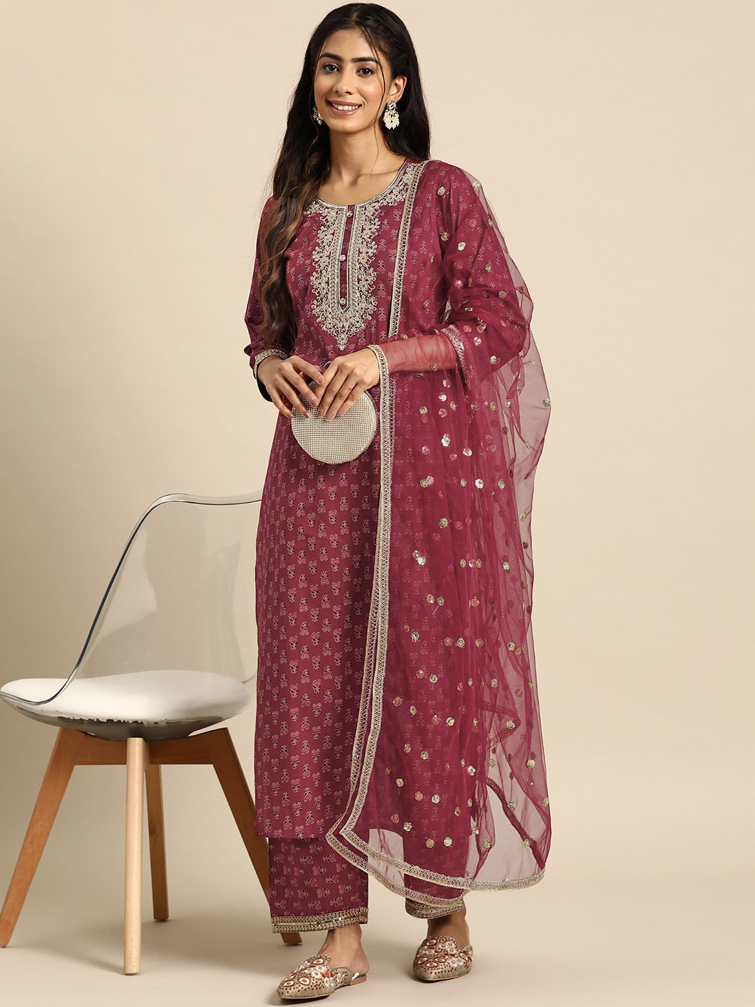 Women's Burgundy Embroidered Straight Kurta With Palazzo And Net Dupatta