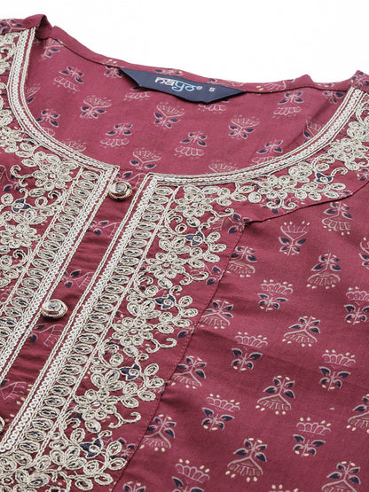 Women's Burgundy Embroidered Straight Kurta With Palazzo And Net Dupatta