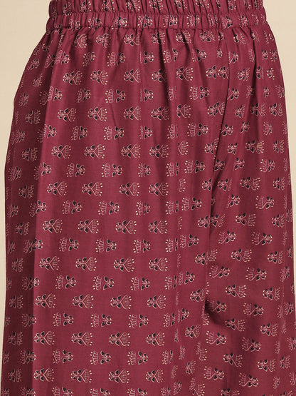 Women's Burgundy Embroidered Straight Kurta With Palazzo And Net Dupatta