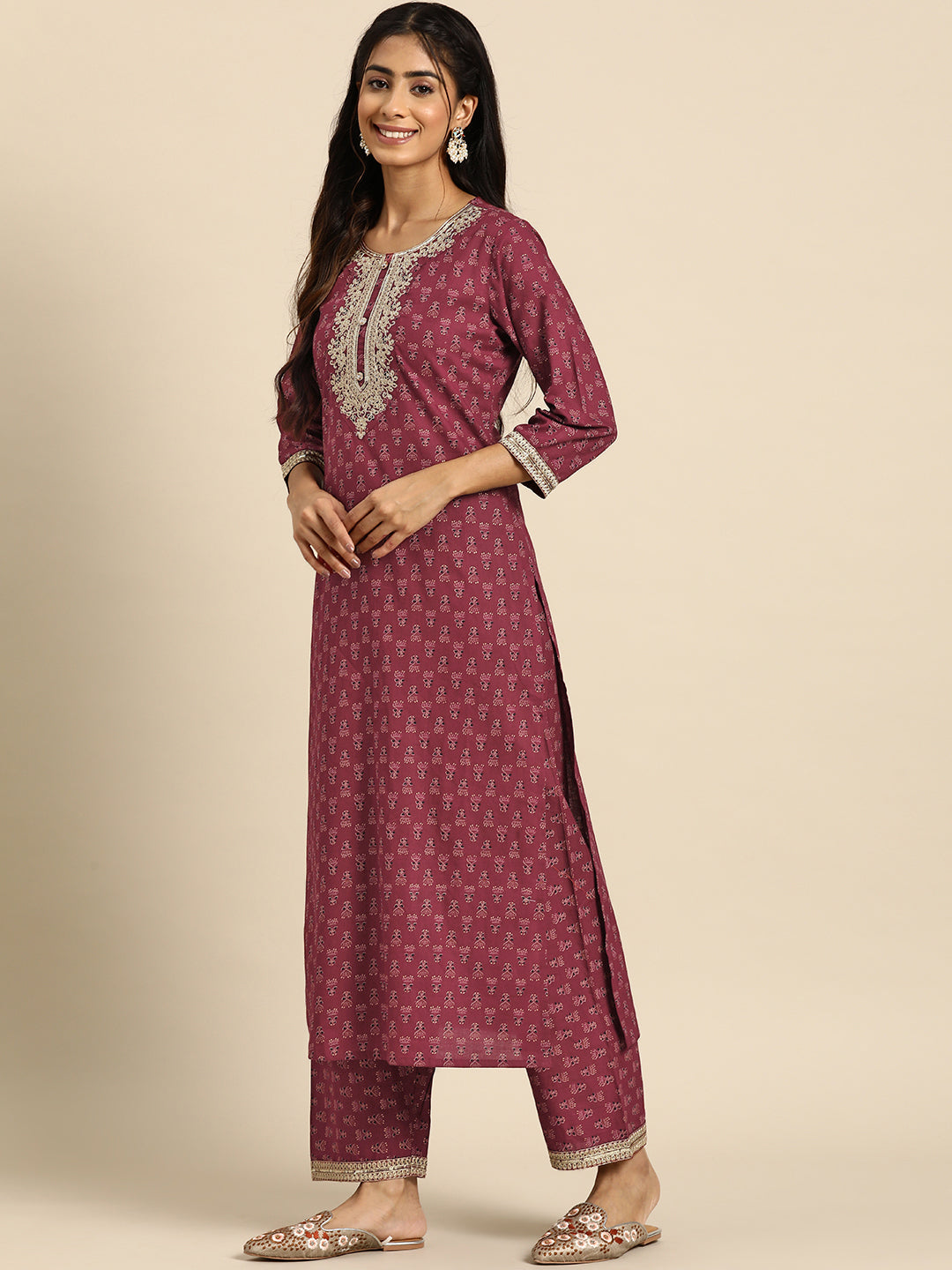 Women's Burgundy Embroidered Straight Kurta With Palazzo And Net Dupatta